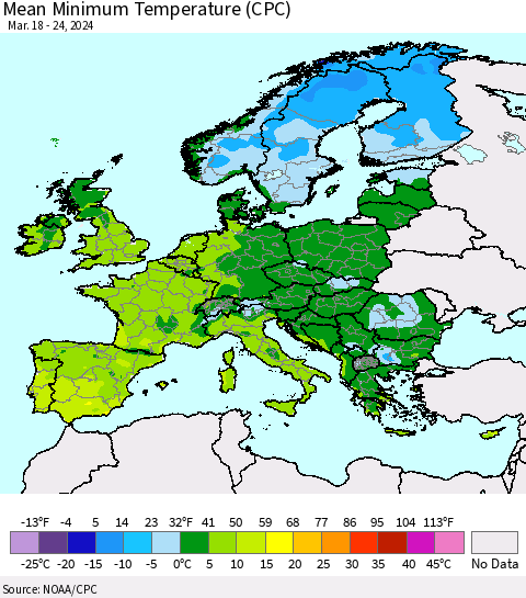 Europe Mean Minimum Temperature (CPC) Thematic Map For 3/18/2024 - 3/24/2024