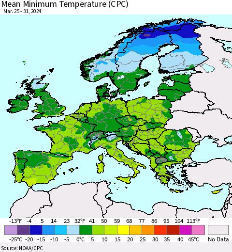 Europe Mean Minimum Temperature (CPC) Thematic Map For 3/25/2024 - 3/31/2024