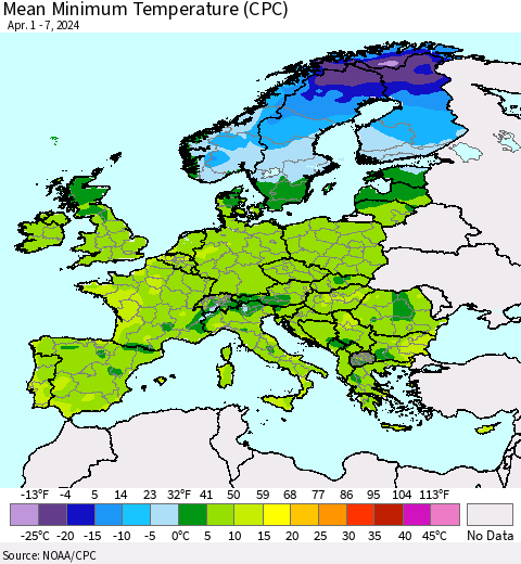 Europe Mean Minimum Temperature (CPC) Thematic Map For 4/1/2024 - 4/7/2024