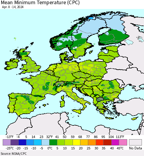Europe Mean Minimum Temperature (CPC) Thematic Map For 4/8/2024 - 4/14/2024