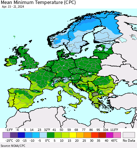 Europe Mean Minimum Temperature (CPC) Thematic Map For 4/15/2024 - 4/21/2024