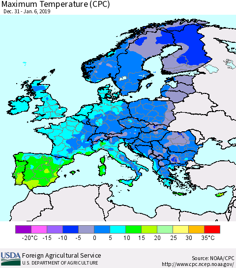 Europe Mean Maximum Temperature (CPC) Thematic Map For 12/31/2018 - 1/6/2019