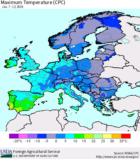 Europe Mean Maximum Temperature (CPC) Thematic Map For 1/7/2019 - 1/13/2019