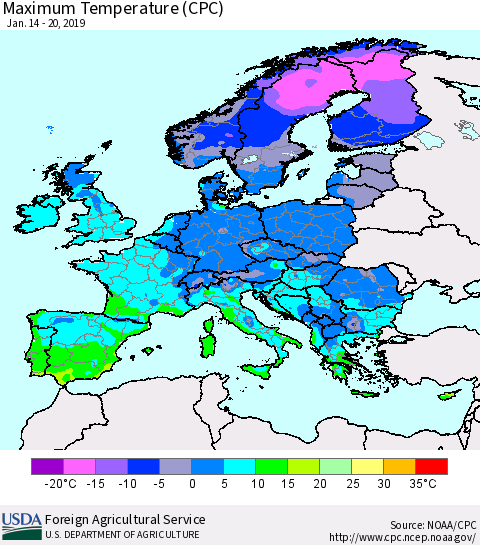 Europe Mean Maximum Temperature (CPC) Thematic Map For 1/14/2019 - 1/20/2019