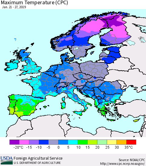 Europe Mean Maximum Temperature (CPC) Thematic Map For 1/21/2019 - 1/27/2019