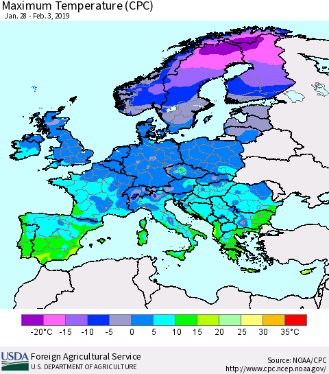 Europe Mean Maximum Temperature (CPC) Thematic Map For 1/28/2019 - 2/3/2019