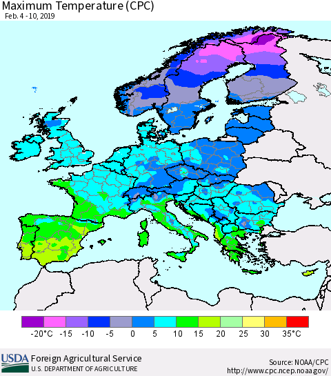 Europe Mean Maximum Temperature (CPC) Thematic Map For 2/4/2019 - 2/10/2019