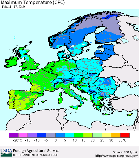 Europe Mean Maximum Temperature (CPC) Thematic Map For 2/11/2019 - 2/17/2019