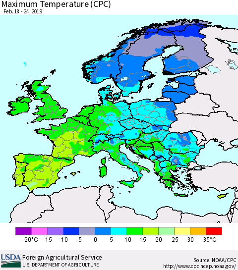 Europe Mean Maximum Temperature (CPC) Thematic Map For 2/18/2019 - 2/24/2019