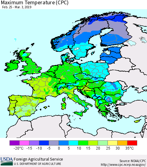 Europe Mean Maximum Temperature (CPC) Thematic Map For 2/25/2019 - 3/3/2019