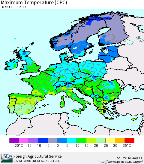 Europe Mean Maximum Temperature (CPC) Thematic Map For 3/11/2019 - 3/17/2019