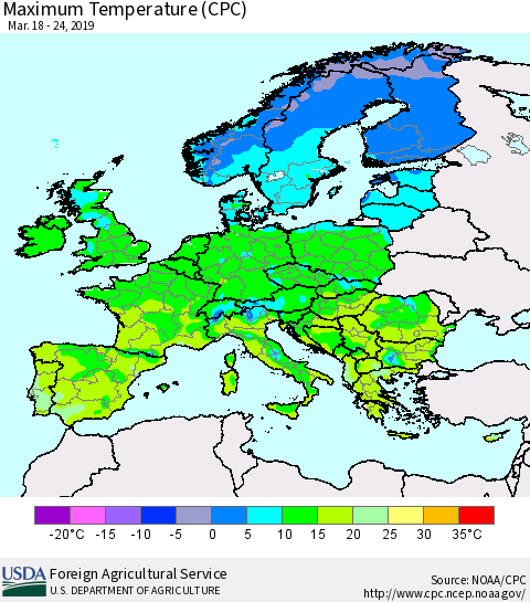 Europe Mean Maximum Temperature (CPC) Thematic Map For 3/18/2019 - 3/24/2019