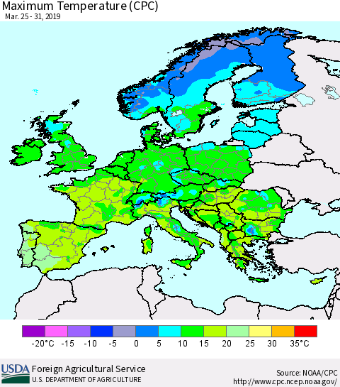 Europe Mean Maximum Temperature (CPC) Thematic Map For 3/25/2019 - 3/31/2019