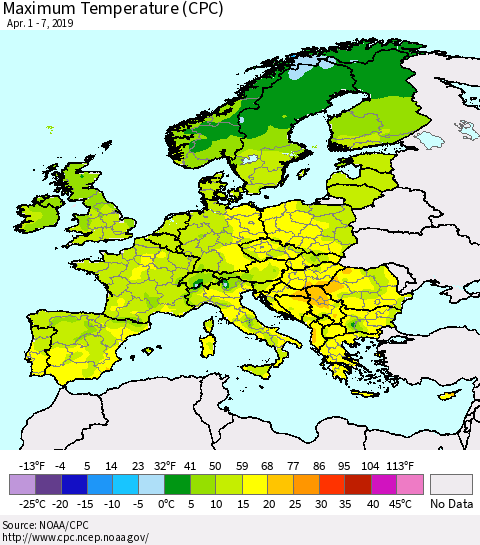 Europe Mean Maximum Temperature (CPC) Thematic Map For 4/1/2019 - 4/7/2019
