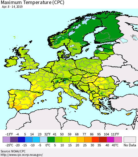Europe Mean Maximum Temperature (CPC) Thematic Map For 4/8/2019 - 4/14/2019