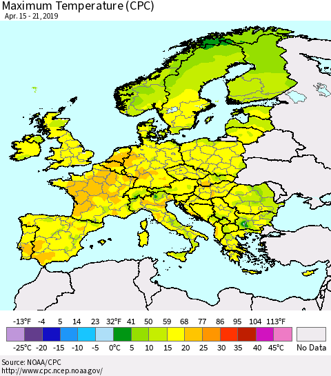 Europe Mean Maximum Temperature (CPC) Thematic Map For 4/15/2019 - 4/21/2019
