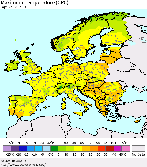 Europe Mean Maximum Temperature (CPC) Thematic Map For 4/22/2019 - 4/28/2019