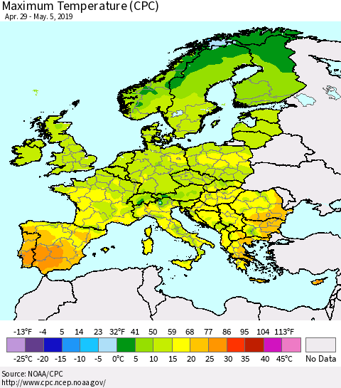 Europe Mean Maximum Temperature (CPC) Thematic Map For 4/29/2019 - 5/5/2019