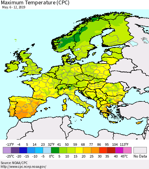 Europe Mean Maximum Temperature (CPC) Thematic Map For 5/6/2019 - 5/12/2019