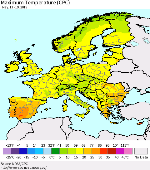 Europe Mean Maximum Temperature (CPC) Thematic Map For 5/13/2019 - 5/19/2019