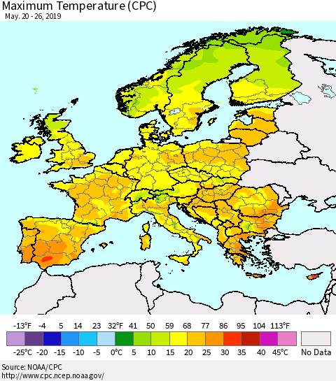 Europe Mean Maximum Temperature (CPC) Thematic Map For 5/20/2019 - 5/26/2019