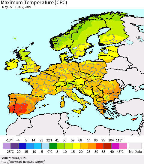 Europe Mean Maximum Temperature (CPC) Thematic Map For 5/27/2019 - 6/2/2019