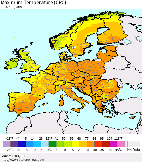 Europe Mean Maximum Temperature (CPC) Thematic Map For 6/3/2019 - 6/9/2019