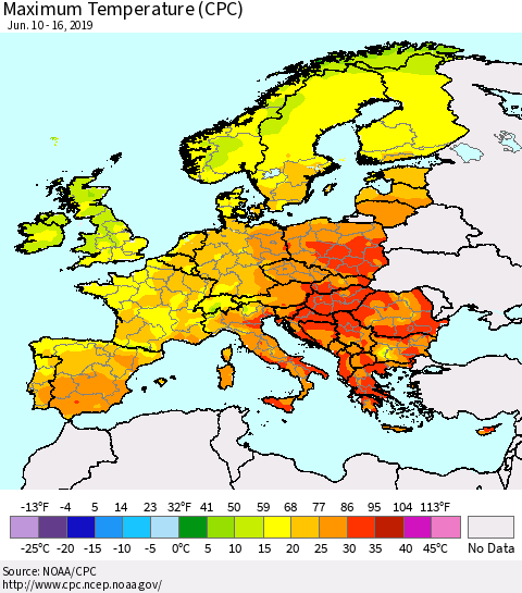 Europe Mean Maximum Temperature (CPC) Thematic Map For 6/10/2019 - 6/16/2019