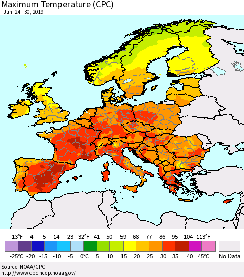 Europe Mean Maximum Temperature (CPC) Thematic Map For 6/24/2019 - 6/30/2019