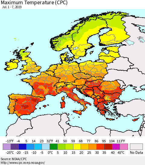 Europe Mean Maximum Temperature (CPC) Thematic Map For 7/1/2019 - 7/7/2019