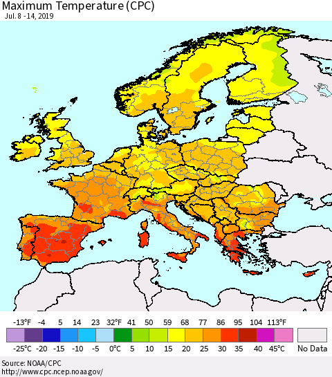 Europe Mean Maximum Temperature (CPC) Thematic Map For 7/8/2019 - 7/14/2019
