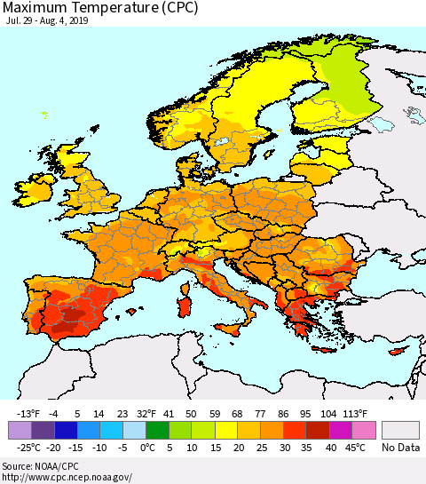 Europe Mean Maximum Temperature (CPC) Thematic Map For 7/29/2019 - 8/4/2019