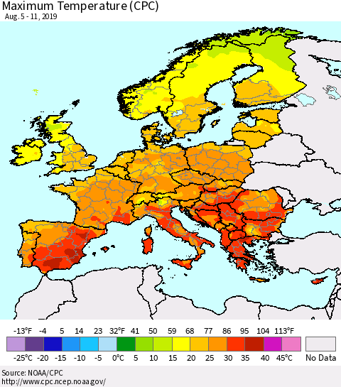Europe Mean Maximum Temperature (CPC) Thematic Map For 8/5/2019 - 8/11/2019
