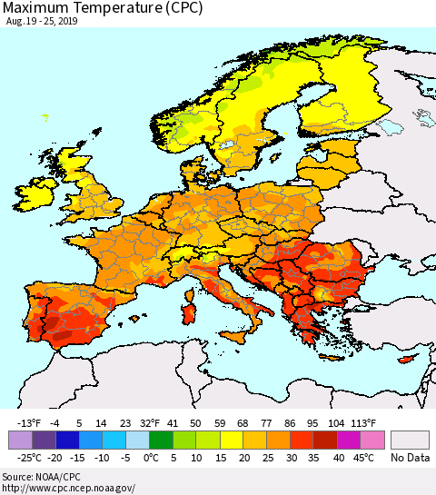 Europe Mean Maximum Temperature (CPC) Thematic Map For 8/19/2019 - 8/25/2019