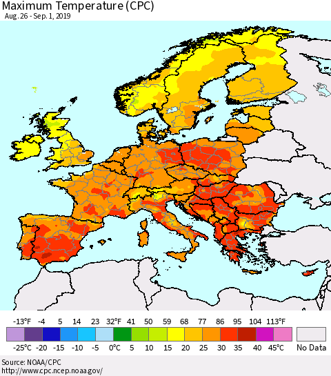 Europe Mean Maximum Temperature (CPC) Thematic Map For 8/26/2019 - 9/1/2019
