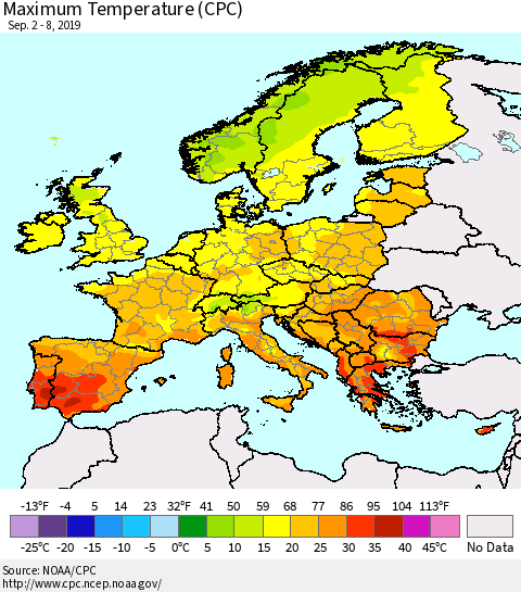 Europe Mean Maximum Temperature (CPC) Thematic Map For 9/2/2019 - 9/8/2019