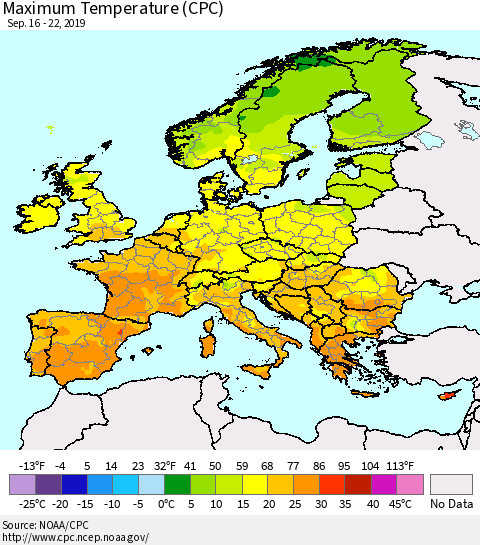 Europe Mean Maximum Temperature (CPC) Thematic Map For 9/16/2019 - 9/22/2019