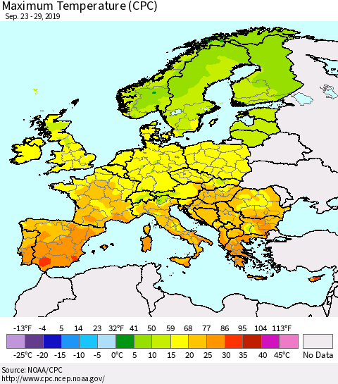 Europe Mean Maximum Temperature (CPC) Thematic Map For 9/23/2019 - 9/29/2019