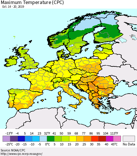 Europe Mean Maximum Temperature (CPC) Thematic Map For 10/14/2019 - 10/20/2019