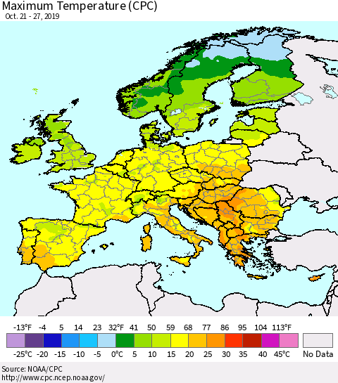 Europe Mean Maximum Temperature (CPC) Thematic Map For 10/21/2019 - 10/27/2019