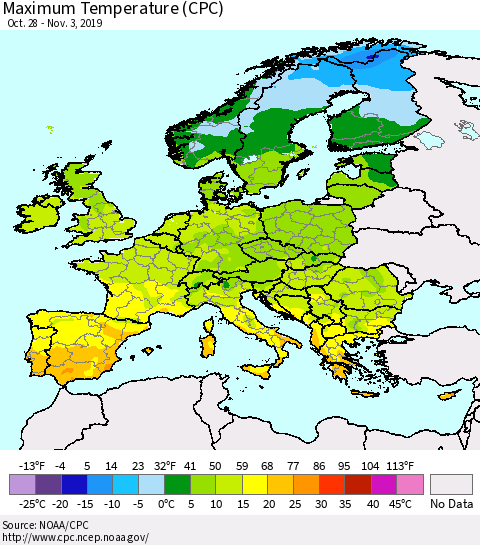 Europe Mean Maximum Temperature (CPC) Thematic Map For 10/28/2019 - 11/3/2019
