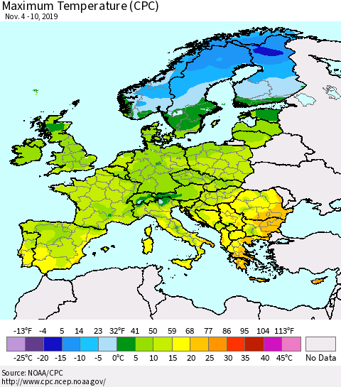 Europe Mean Maximum Temperature (CPC) Thematic Map For 11/4/2019 - 11/10/2019