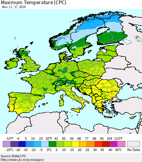 Europe Mean Maximum Temperature (CPC) Thematic Map For 11/11/2019 - 11/17/2019