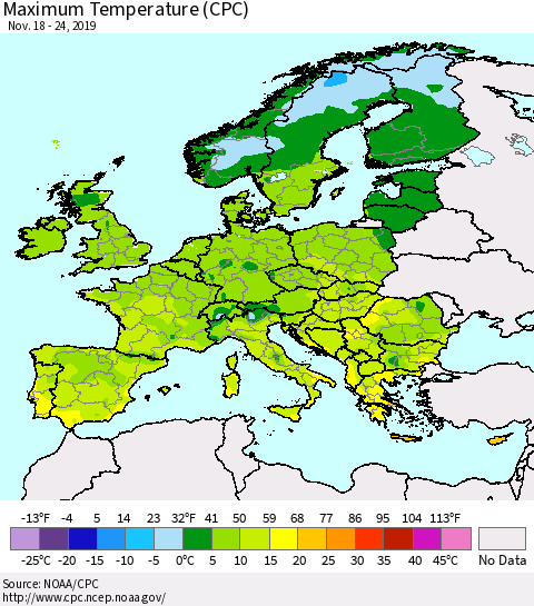 Europe Mean Maximum Temperature (CPC) Thematic Map For 11/18/2019 - 11/24/2019
