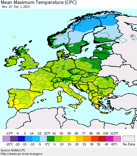 Europe Mean Maximum Temperature (CPC) Thematic Map For 11/25/2019 - 12/1/2019