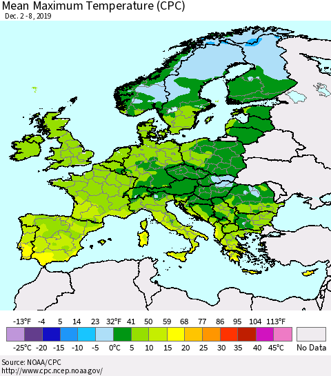 Europe Mean Maximum Temperature (CPC) Thematic Map For 12/2/2019 - 12/8/2019