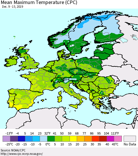 Europe Mean Maximum Temperature (CPC) Thematic Map For 12/9/2019 - 12/15/2019