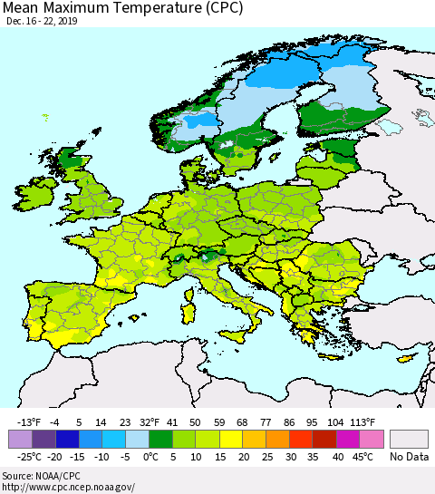 Europe Mean Maximum Temperature (CPC) Thematic Map For 12/16/2019 - 12/22/2019