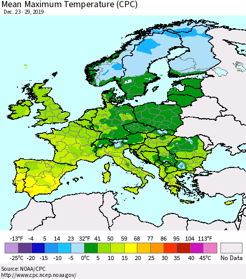 Europe Mean Maximum Temperature (CPC) Thematic Map For 12/23/2019 - 12/29/2019
