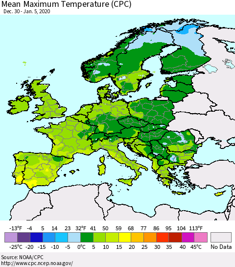 Europe Mean Maximum Temperature (CPC) Thematic Map For 12/30/2019 - 1/5/2020